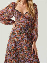 Women Spring Fall Vintage Floral Print V-Neck Puff Sleeve Fashion Backless Holiday Vestido