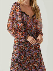 Women Spring Fall Vintage Floral Print V-Neck Puff Sleeve Fashion Backless Holiday Vestido