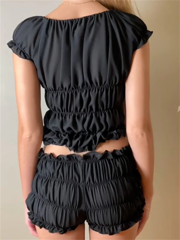 JuliaFashion - V-neck Ruched Off Shoulder T-shirts Shorts Suits