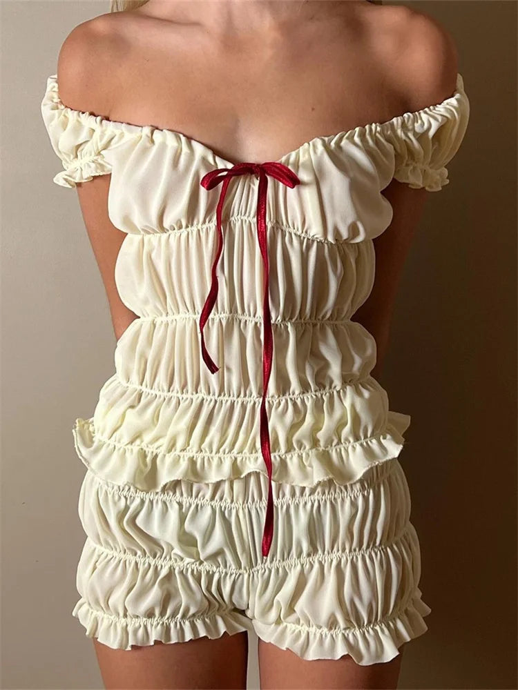 JuliaFashion - V-neck Ruched Off Shoulder T-shirts Shorts Suits