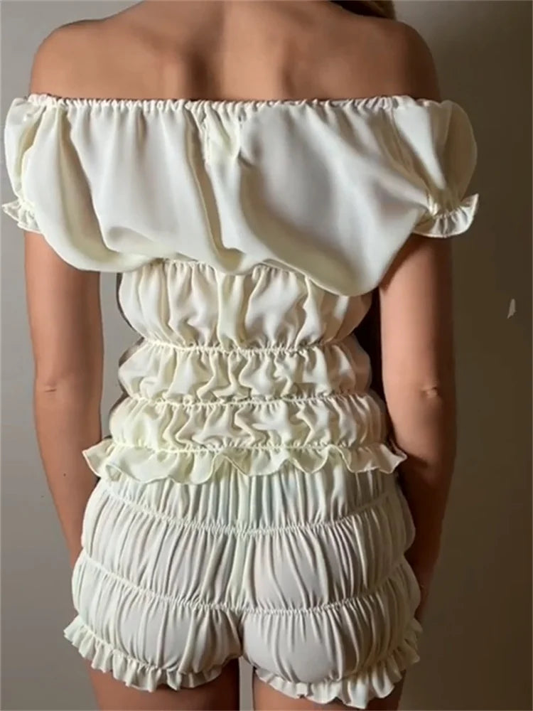 JuliaFashion - V-neck Ruched Off Shoulder T-shirts Shorts Suits