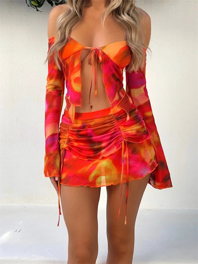 JuliaFashion - Print Off Shoulder Long Sleeve Shirts Ruched Drawstring Skirts Suits