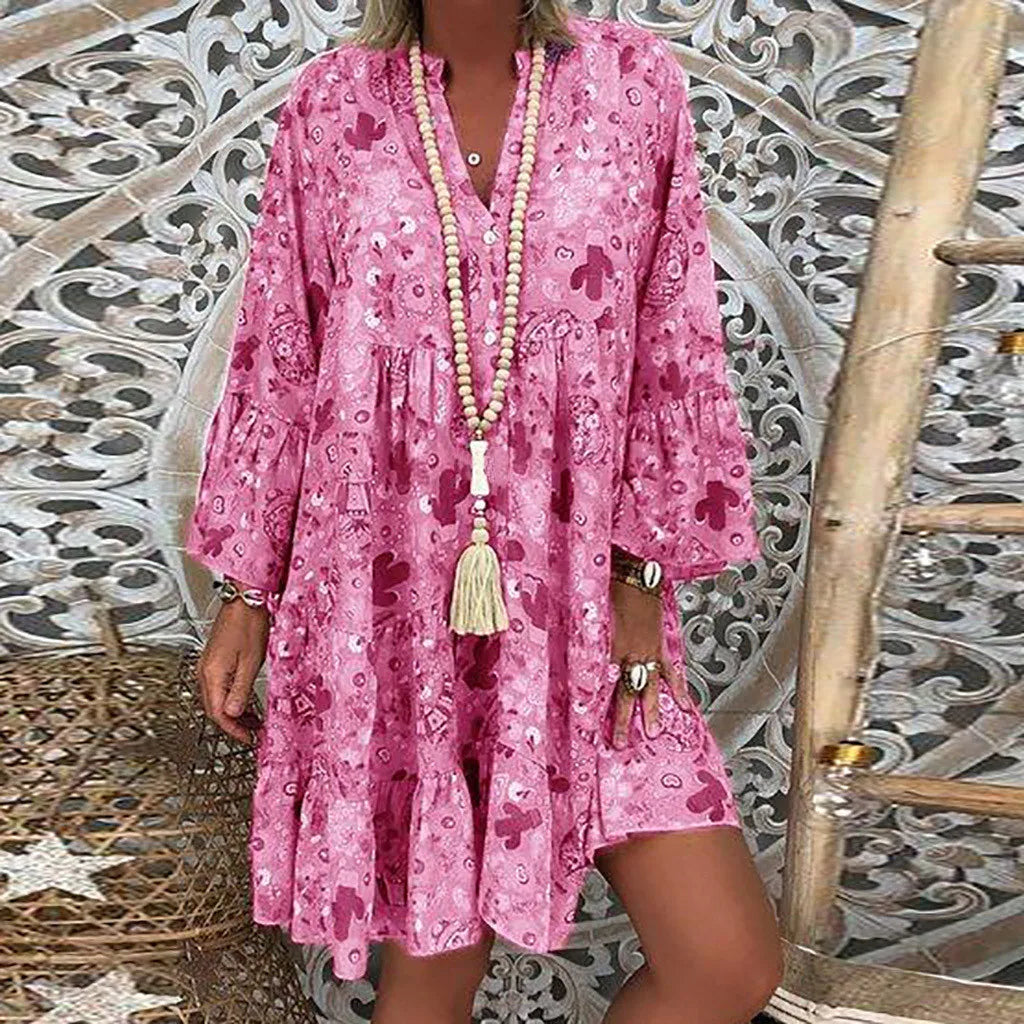 JuliaFashion - Casual Boho Women Loose Vintage Floral Print T Shirt Elegant Ladies Retro V-Collar Long Sleeve Party Mini Dress