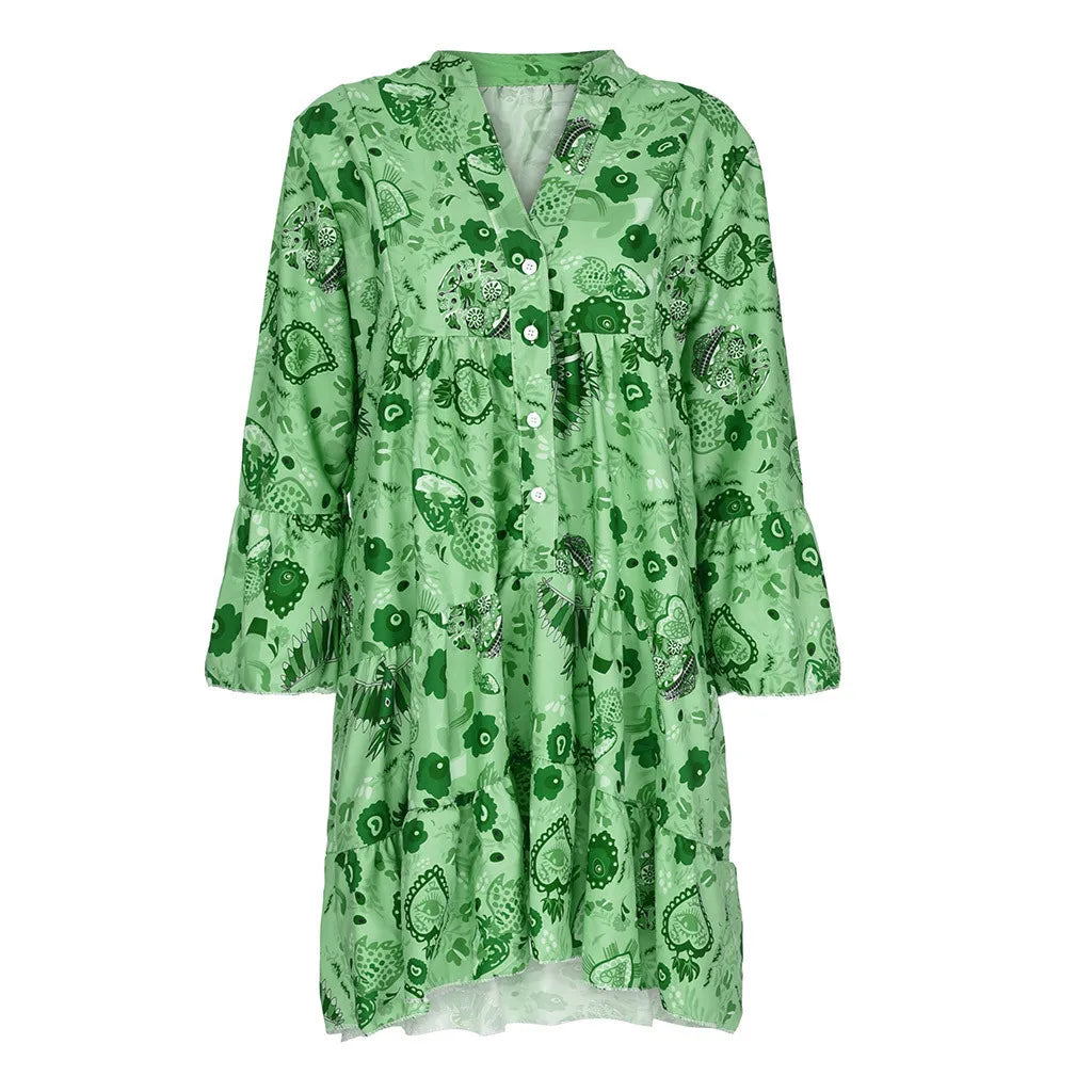 JuliaFashion - Casual Boho Women Loose Vintage Floral Print T Shirt Elegant Ladies Retro V-Collar Long Sleeve Party Mini Dress