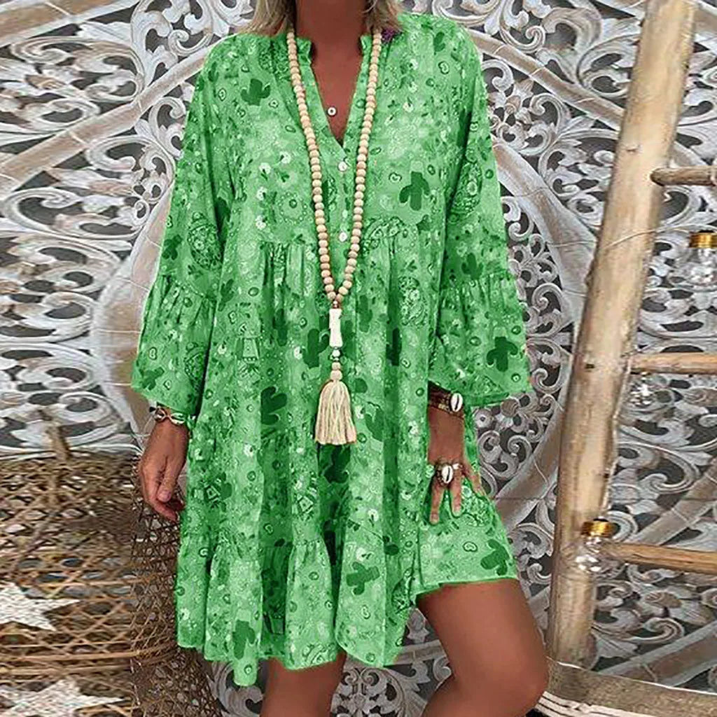 JuliaFashion - Casual Boho Women Loose Vintage Floral Print T Shirt Elegant Ladies Retro V-Collar Long Sleeve Party Mini Dress