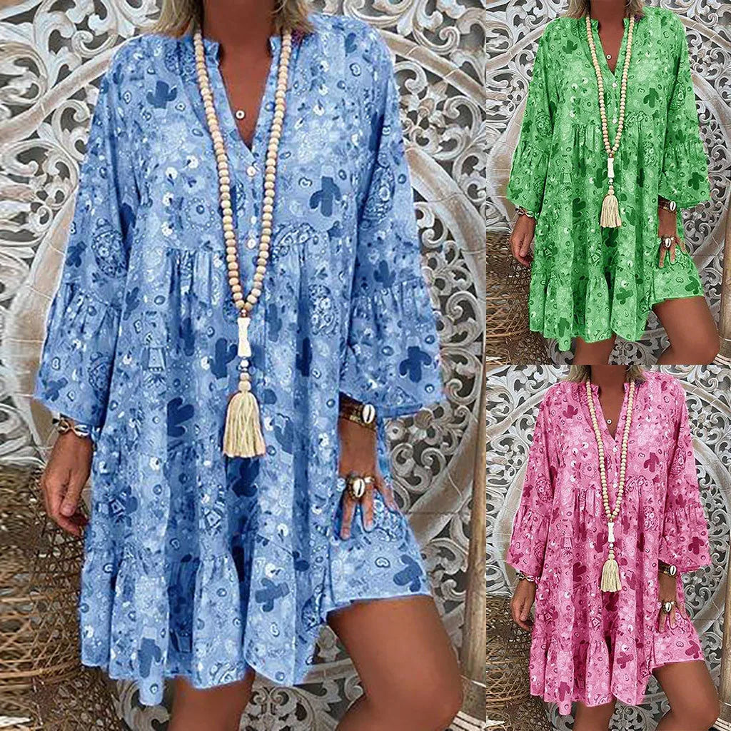 JuliaFashion - Casual Boho Women Loose Vintage Floral Print T Shirt Elegant Ladies Retro V-Collar Long Sleeve Party Mini Dress
