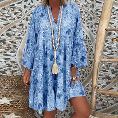 JuliaFashion - Casual Boho Women Loose Vintage Floral Print T Shirt Elegant Ladies Retro V-Collar Long Sleeve Party Mini Dress
