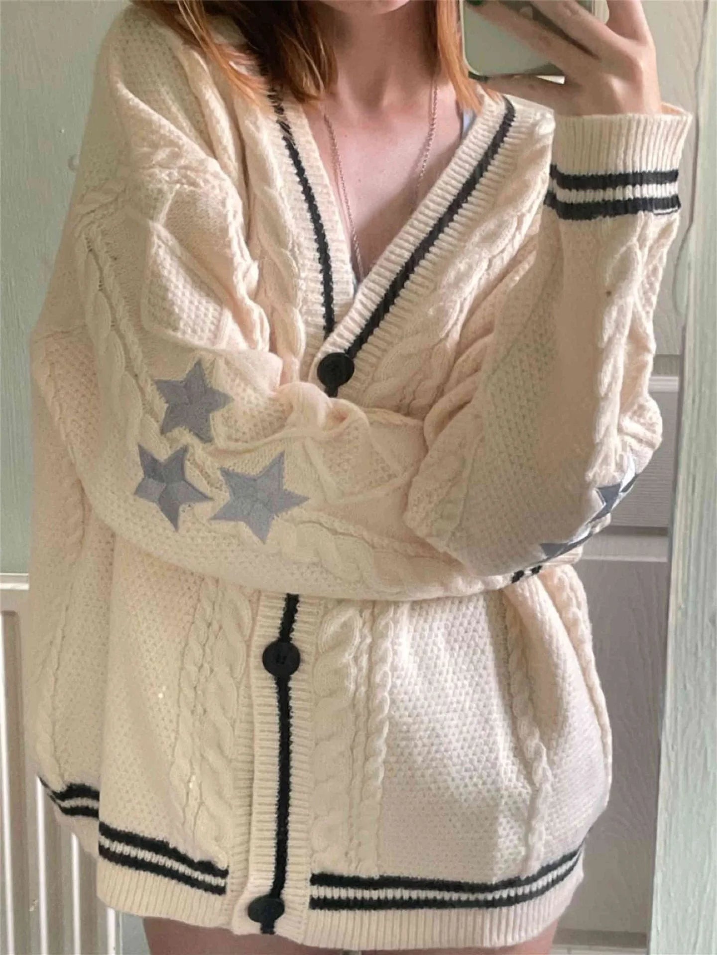 Vintage Star Print Knitted Preppy Button Up V Neck Cardigan