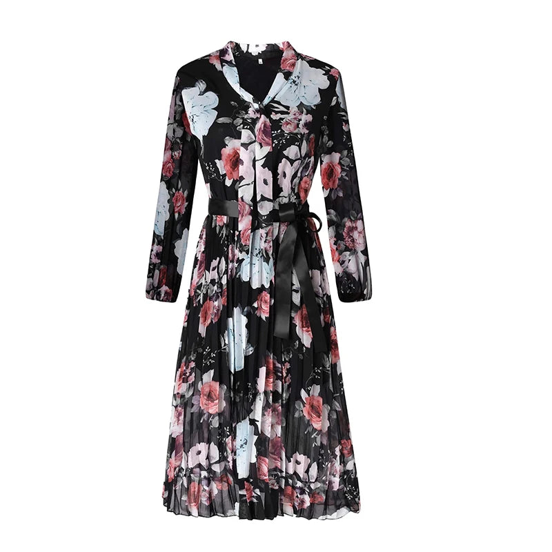 Julia Fashion - Chiffon Long Sleeve Floral Print Casual Deep V Neck Green Mini Dress
