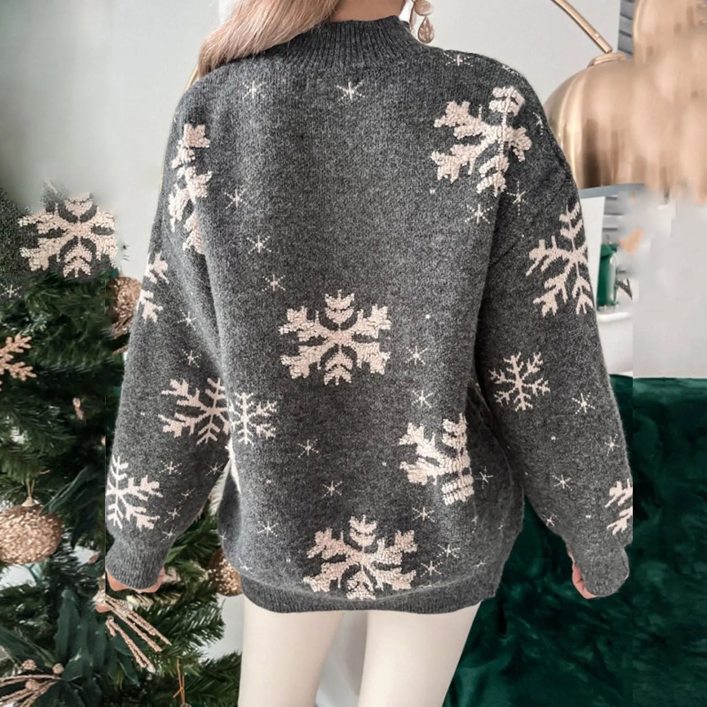 Snowflake Print Oversized Christmas Sweater Sweaters-L