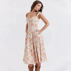 Cottagecore Floral Corset Midi Dress