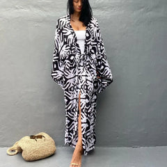 Cotton Rayon Printed Self Belted Maxi Boho Cover up MULTI / One Size bohocoverup-250126