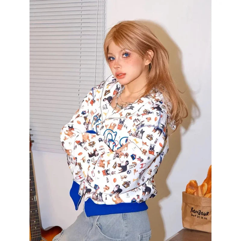 Deeptown Graphic Zip Up Kawaii Cropped Cute Pattern Vintage Y2K Hoody