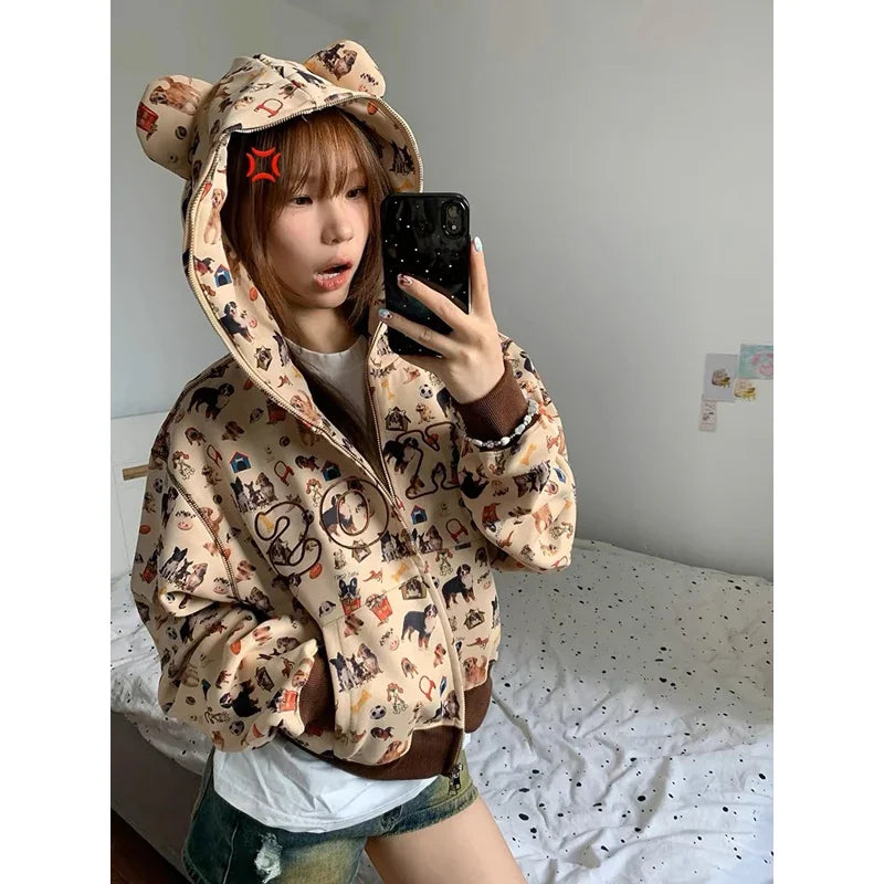 Deeptown Graphic Zip Up Kawaii Cropped Cute Pattern Vintage Y2K Hoody