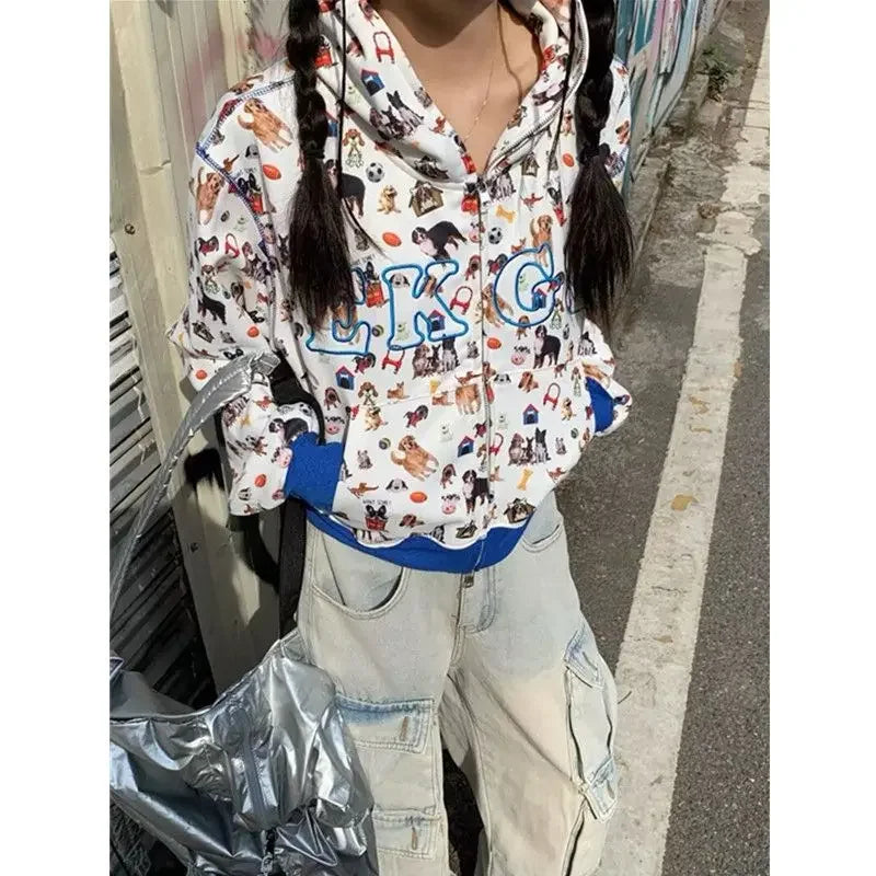 Deeptown Graphic Zip Up Kawaii Cropped Cute Pattern Vintage Y2K Hoody
