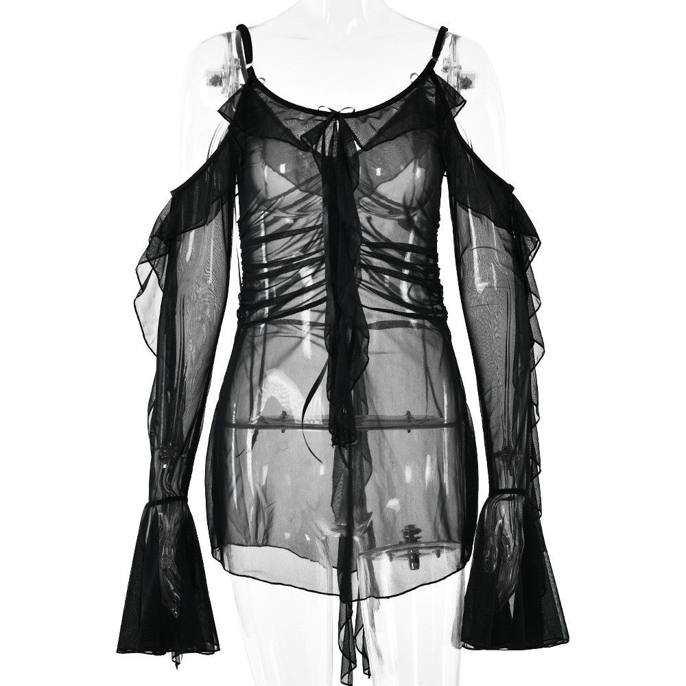 Dress Straps Tulle Sheer Long Sleeve Slim Fit Dress