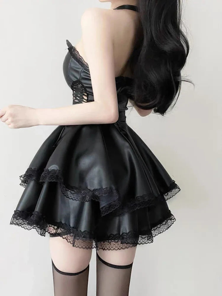 90s Vintage Gothic Black Party Hollow Out High Waist Lace-up Corset Mini Outfit
