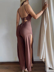 Backless Split Long Sleeveless Cami Jumpsuits