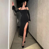 Flare Sleeve Halter Split Fashion Sexy Backless New Midi Dress Black / S
