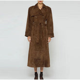 Suede Leather Chocolate Belted Overcoat Brown / S