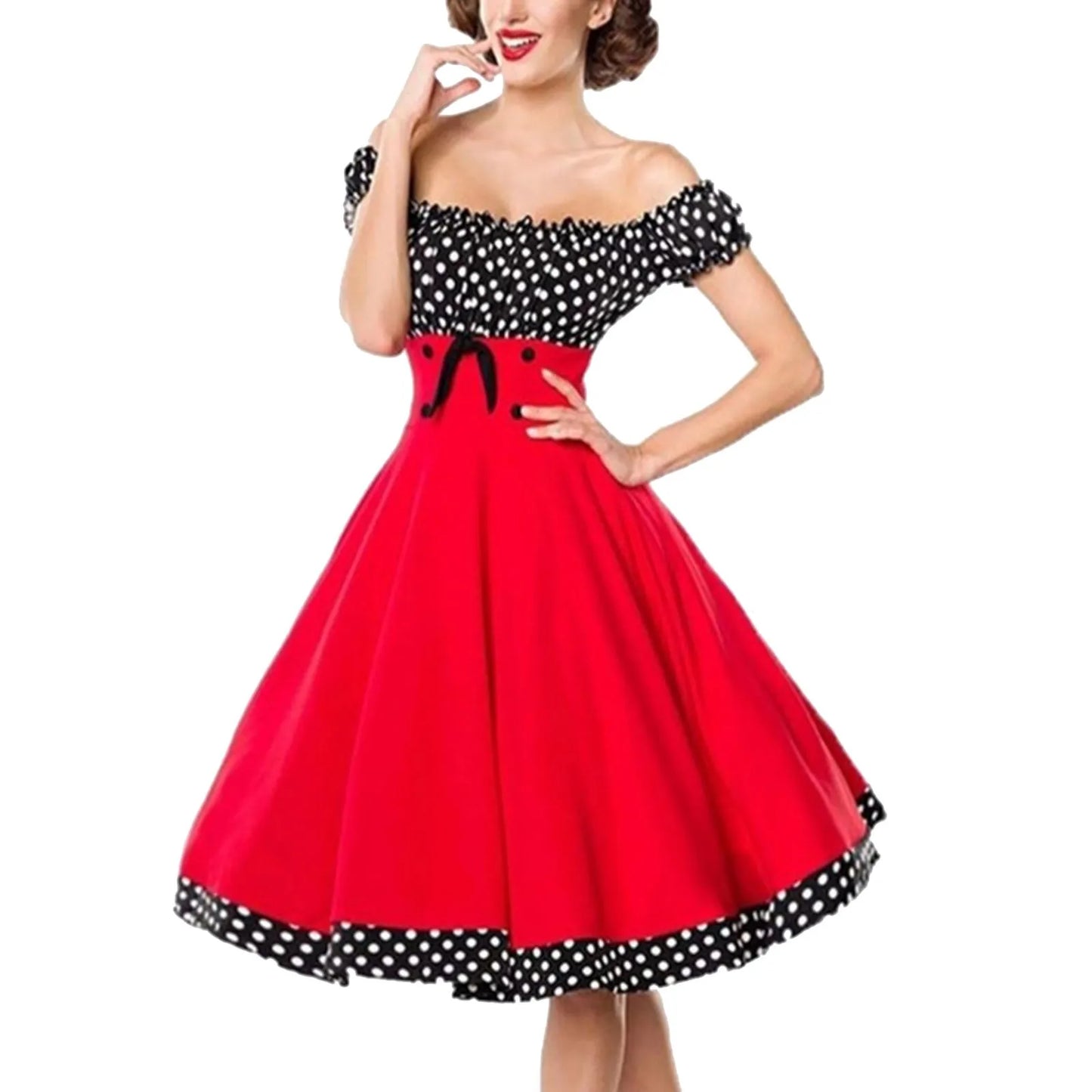 JuliaFashion - Elegant Vintage Hepburn Women Black Red Off Shoulder Sleeveless A-Line Female Retro Rockabilly 50s Polka Dot Dress