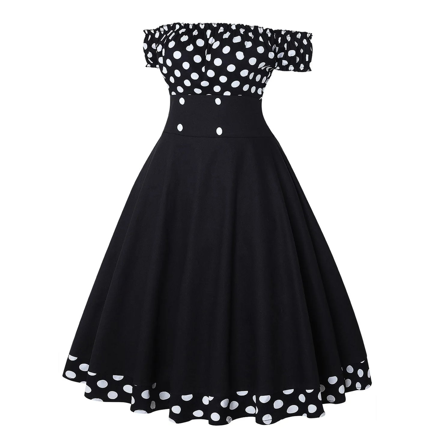 JuliaFashion - Elegant Vintage Hepburn Women Black Red Off Shoulder Sleeveless A-Line Female Retro Rockabilly 50s Polka Dot Dress