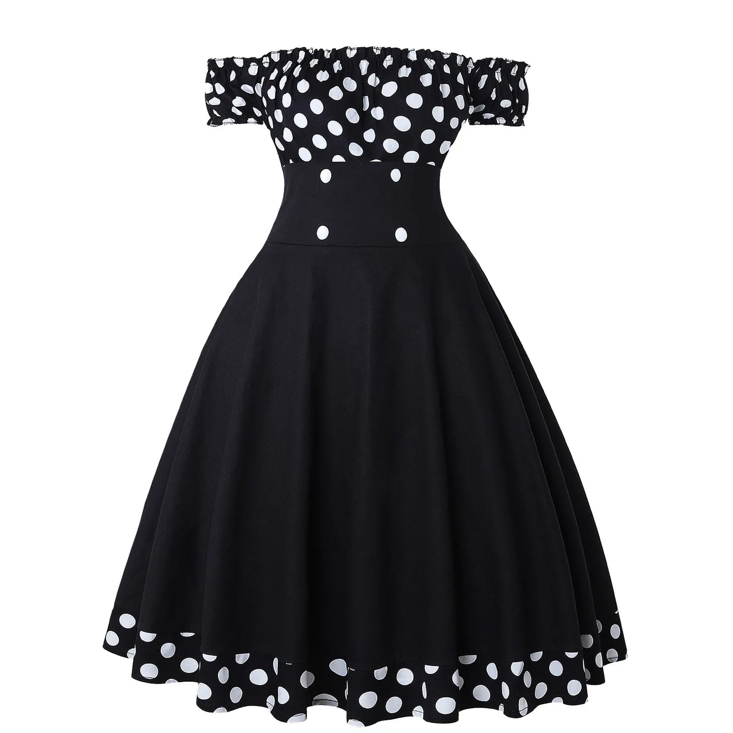 JuliaFashion - Elegant Vintage Hepburn Women Black Red Off Shoulder Sleeveless A-Line Female Retro Rockabilly 50s Polka Dot Dress