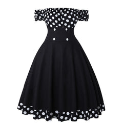 JuliaFashion - Elegant Vintage Hepburn Women Black Red Off Shoulder Sleeveless A-Line Female Retro Rockabilly 50s Polka Dot Dress