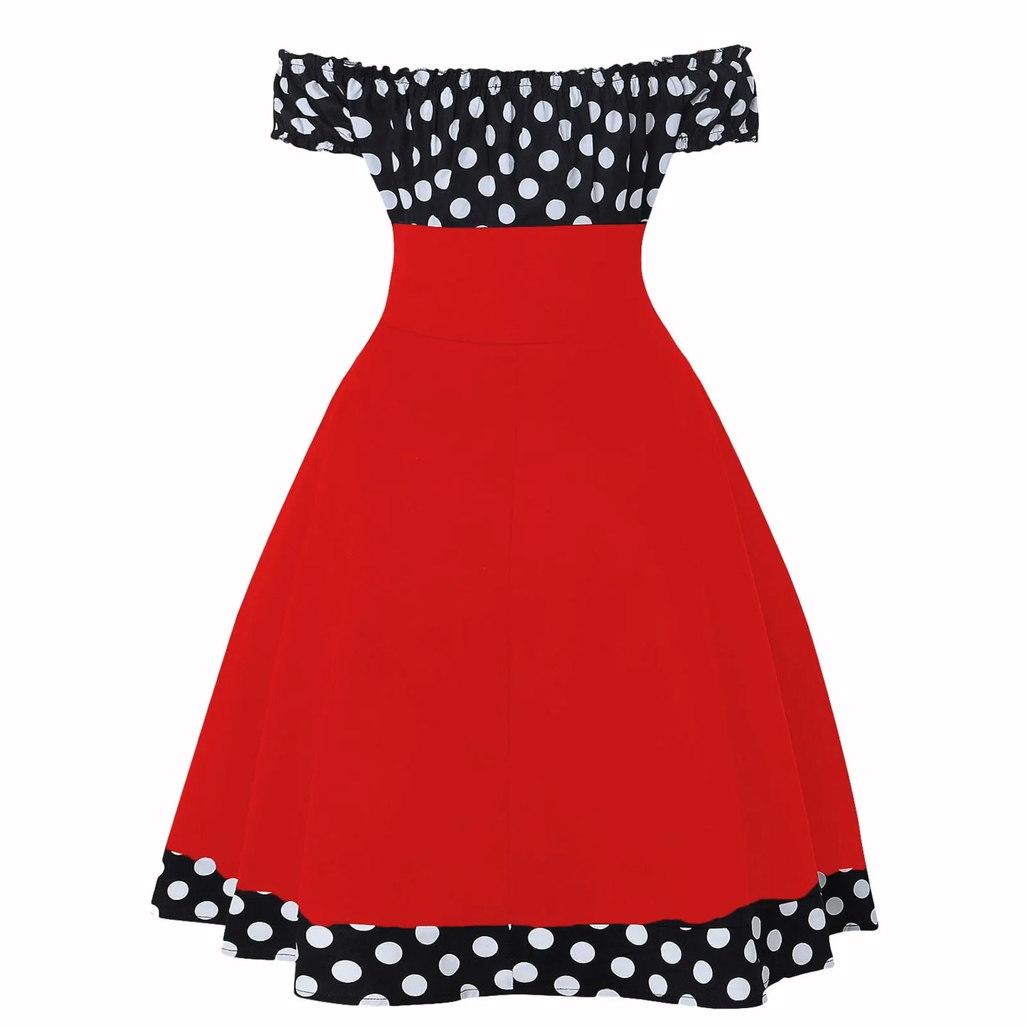 JuliaFashion - Elegant Vintage Hepburn Women Black Red Off Shoulder Sleeveless A-Line Female Retro Rockabilly 50s Polka Dot Dress