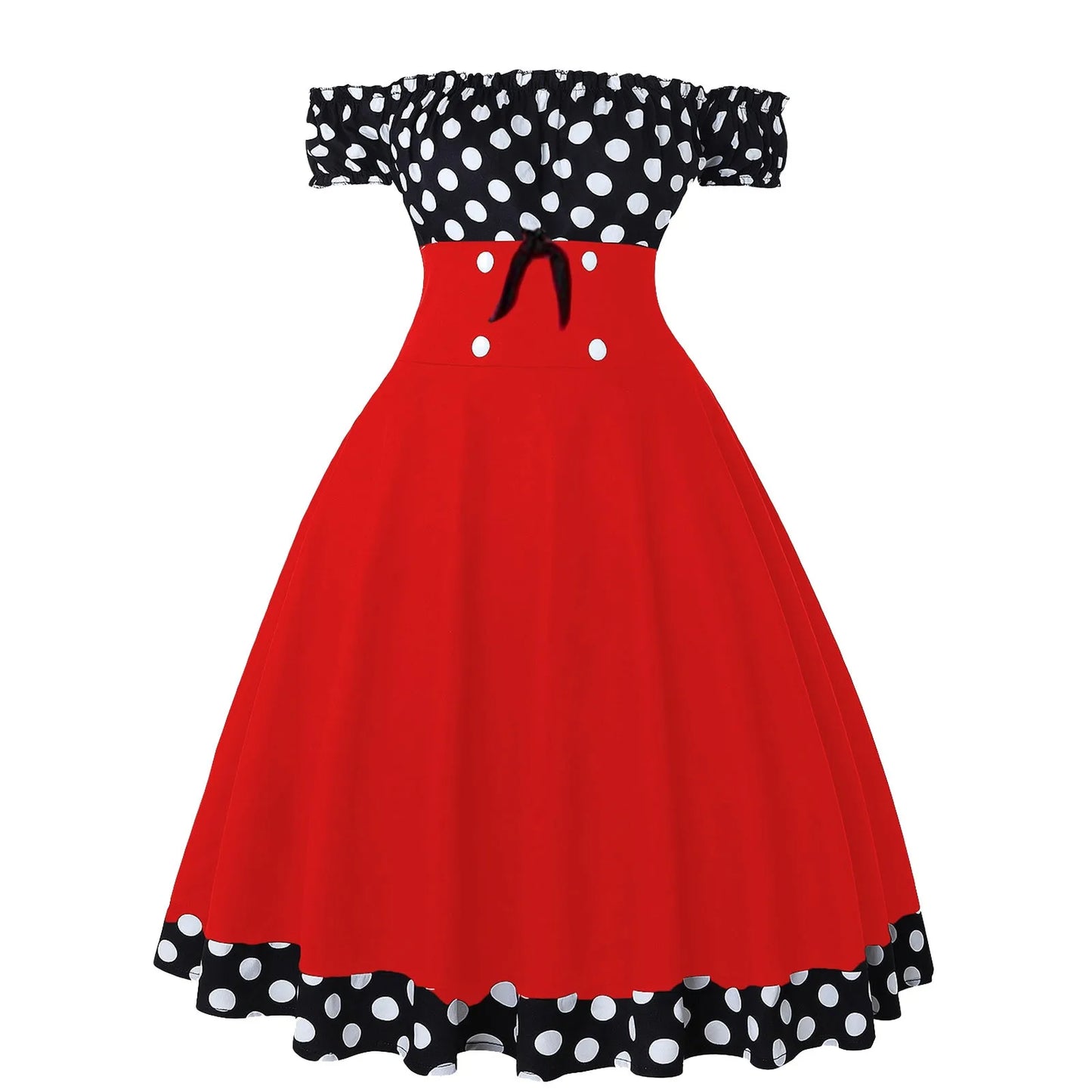 JuliaFashion - Elegant Vintage Hepburn Women Black Red Off Shoulder Sleeveless A-Line Female Retro Rockabilly 50s Polka Dot Dress