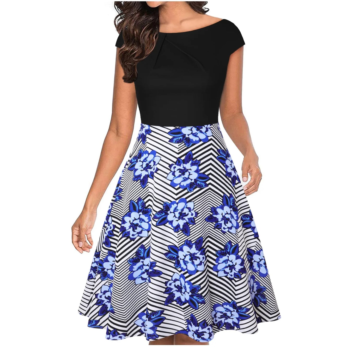 JuliaFashion - Elegant Wedding Party Women'S Cocktail Swing Guest Sleeve Short A-Line Women's Summer V Neck For Women Dress