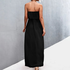 JuliaFashion - Elegant Women Bandeau Long 2024 Woman Summer Casual Sleeveless Tube Beach Solid Color Fashion Slit Loose Maxi Dress