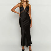 JuliaFashion - Elegant Women Deep V-Neck Long Sleeveless Backless Hollow Out Midi 2024 New Summer Female Party Dress