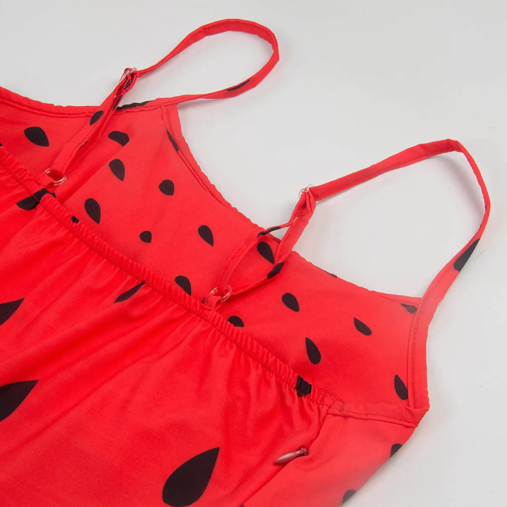 JuliaFashion - Elegant Women Sling Party Cocktail Prom Watermelon Print Big Swing High Waist Spaghetti Strap Fashion Casual Dress