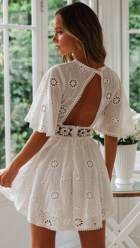 Eyelet Embroidery Backless Hollow Out Cutout Tassel Cotton-like Dress for