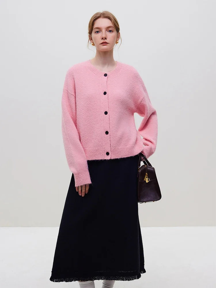 Round Neck Drop Sleeve Warm Casual Contrast Color Button Cardigan