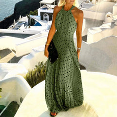 JuliaFashion - Fashion Halter Polka Dot Print Sleeveless Pleated Women Backless Zipper Holiday SunFor Women Casual Summer 2024 Dress