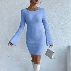 JuliaFashion - Fashion Solid Color Knitted Backless For Women Bell Sleeves Mini Sweater 2024 Elegant Casual Slim Fit Short Dress