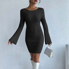 JuliaFashion - Fashion Solid Color Knitted Backless For Women Bell Sleeves Mini Sweater 2024 Elegant Casual Slim Fit Short Dress