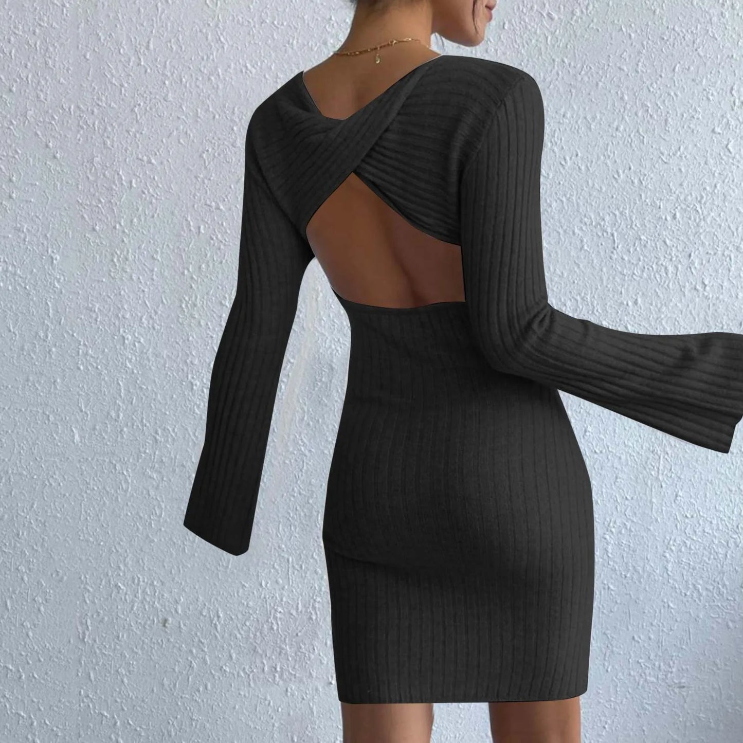 JuliaFashion - Fashion Solid Color Knitted Backless For Women Bell Sleeves Mini Sweater 2024 Elegant Casual Slim Fit Short Dress