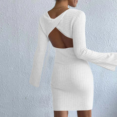 JuliaFashion - Fashion Solid Color Knitted Backless For Women Bell Sleeves Mini Sweater 2024 Elegant Casual Slim Fit Short Dress