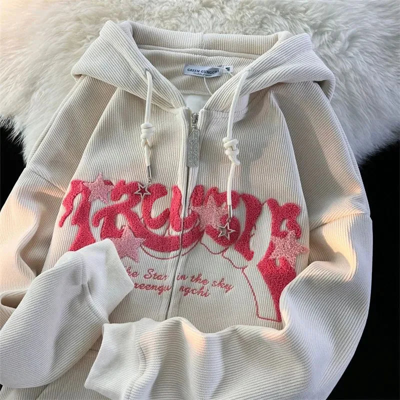 Letter Embroidery Elegant Long Sleeve Vintage Hip Hop Casual Hoody