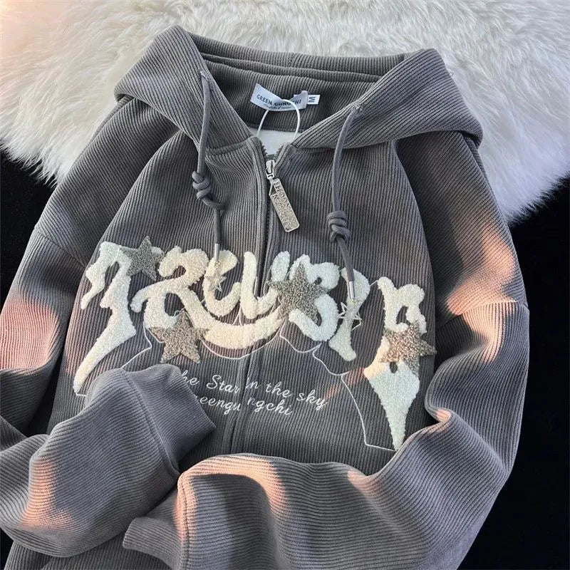 Letter Embroidery Elegant Long Sleeve Vintage Hip Hop Casual Hoody