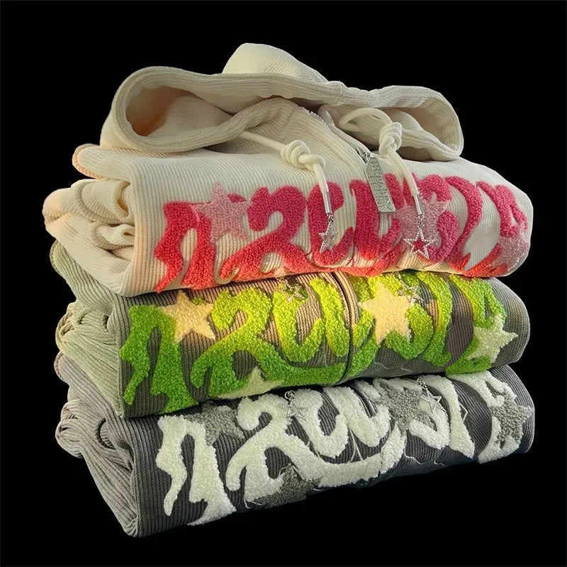 Letter Embroidery Elegant Long Sleeve Vintage Hip Hop Casual Hoody