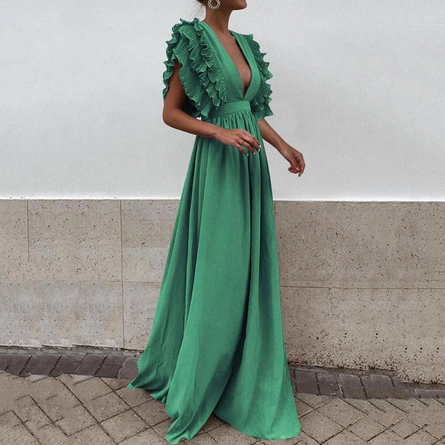JuliaFashion - Formal Party Women Sexy Deep V-Neck Long Solid Color Elegant Flying Sleeves Backless Maxi Evening Robe Dress