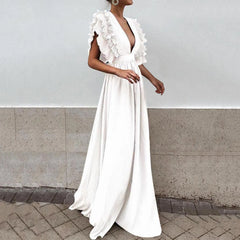 JuliaFashion - Formal Party Women Sexy Deep V-Neck Long Solid Color Elegant Flying Sleeves Backless Maxi Evening Robe Dress