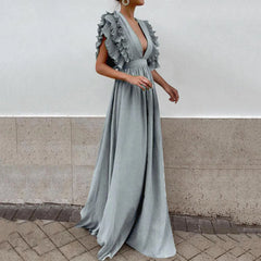 JuliaFashion - Formal Party Women Sexy Deep V-Neck Long Solid Color Elegant Flying Sleeves Backless Maxi Evening Robe Dress