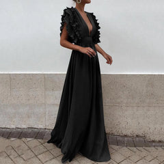 JuliaFashion - Formal Party Women Sexy Deep V-Neck Long Solid Color Elegant Flying Sleeves Backless Maxi Evening Robe Dress