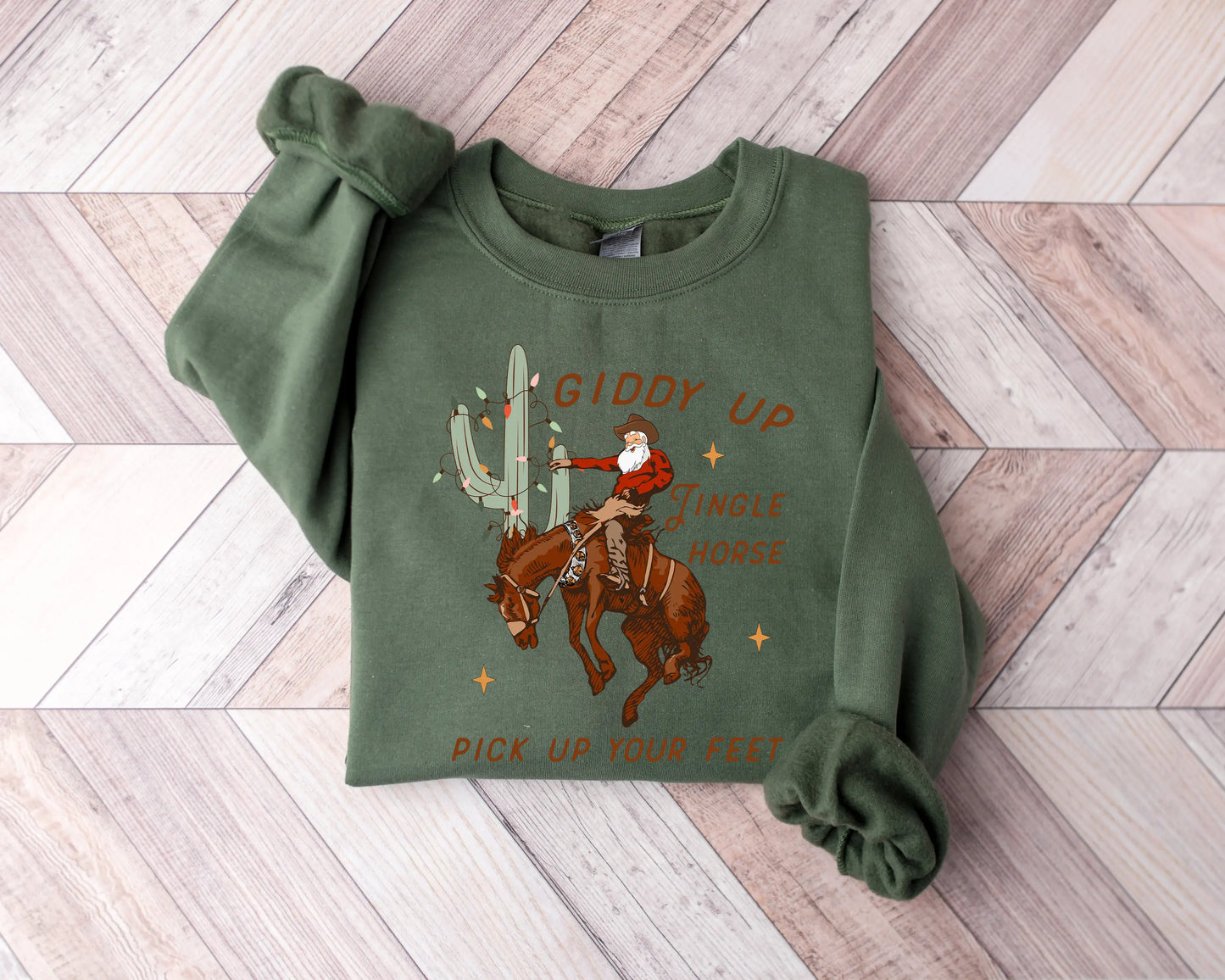 Cute Giddy Up Jingle Horse Cotton Slogan Christmas Hoodie Green / S Hoodies-L