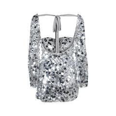 JuliaFashion - Glitter Sequin Square Neck Long Sleeve Bodycon Club Party Vestidos Dress